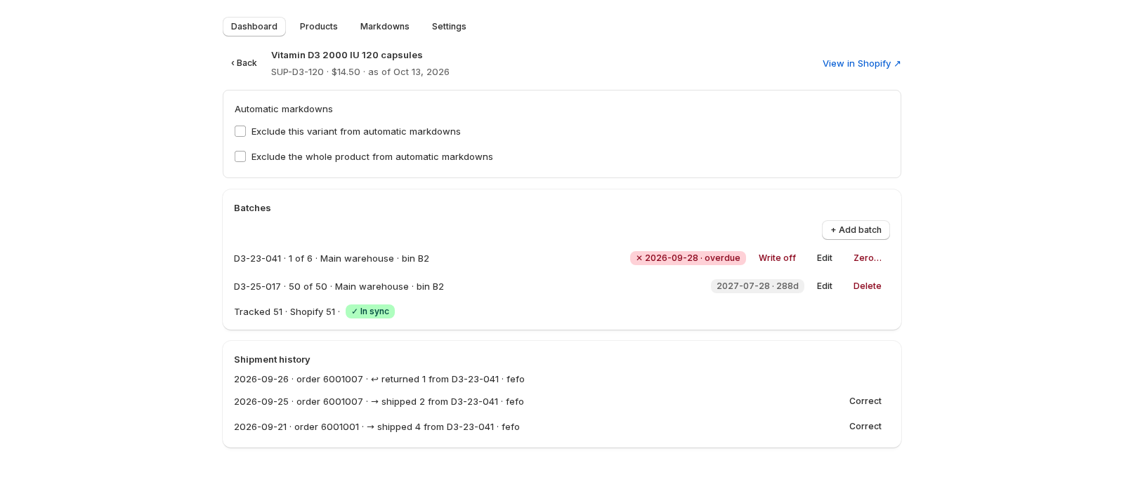 A product page in Datima: two batches, D3-23-041 · 1 of 6 · Main warehouse · bin B2 and D3-25-017 · 50 of 50 · Main warehouse · bin B2, the line Tracked 51 · Shopify 51 · In sync, and the shipment history under them.