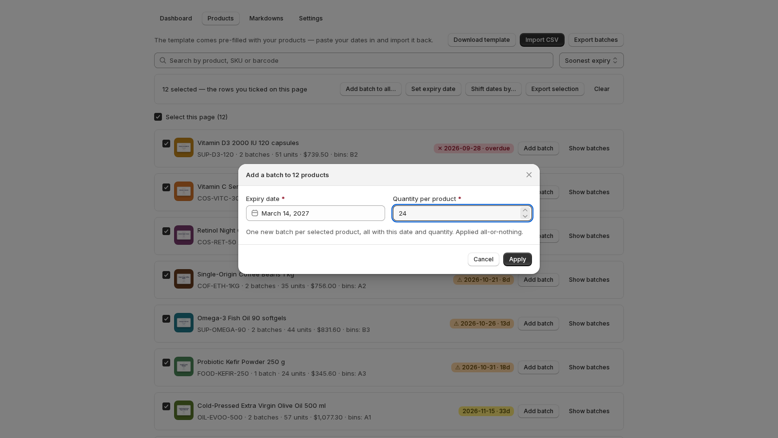 The Add a batch to 12 products dialog over the list: Expiry date March 14, 2027, Quantity per product 24, and the note: one new batch per selected product, all with this date and quantity, applied all-or-nothing.