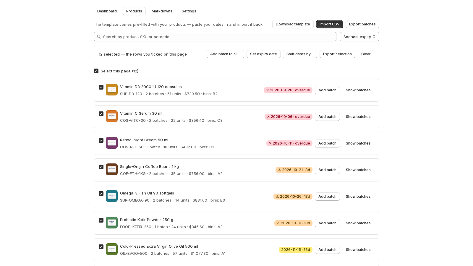 The product list with every row on the page ticked and the bulk bar above it: 12 selected — the rows you ticked on this page, with the buttons Add batch to all…, Set expiry date, Shift dates by…, Export selection and Clear.