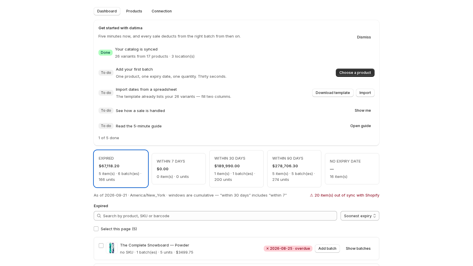 The Datima dashboard on a fresh install: a Get started checklist with five steps, the first already marked Done, above the at-risk cards.