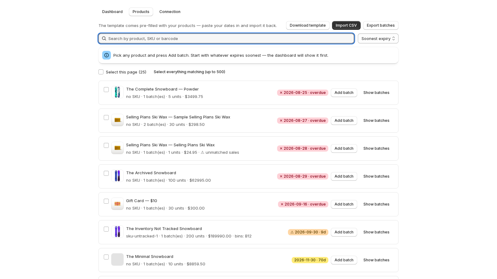 The product list with a callout: pick any product and press Add batch.