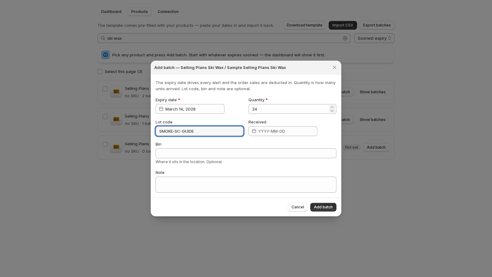 The Add batch form with expiry date, quantity and an optional lot code filled in.