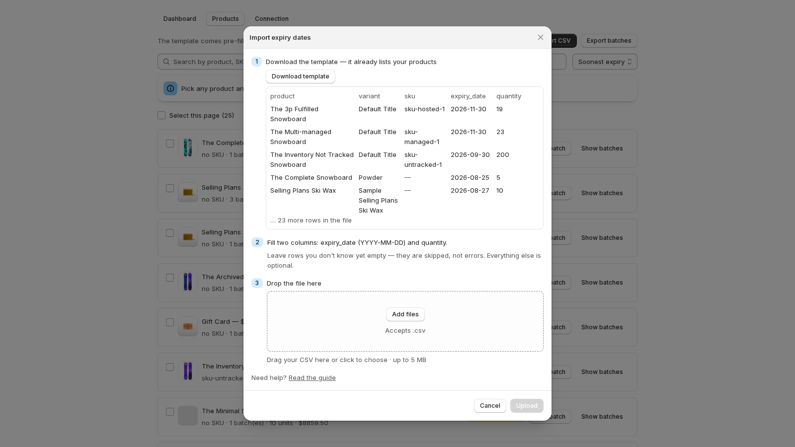The import dialog: download the template with a preview of your own rows, fill two columns, drop the file.