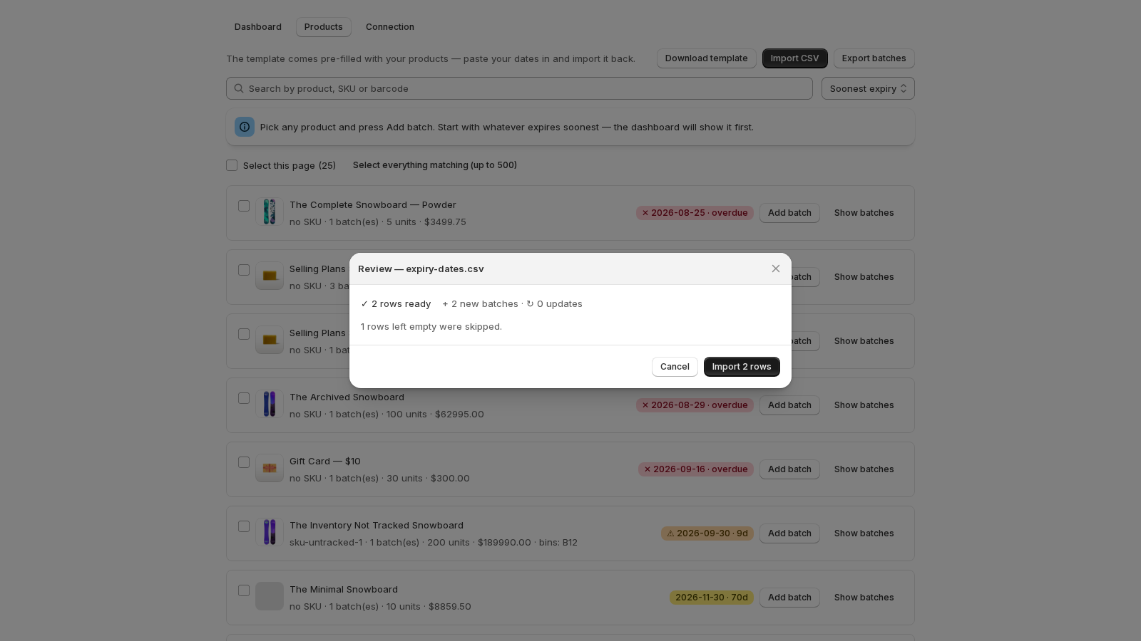 The review step: two rows ready, one row left empty was skipped, an Import button.