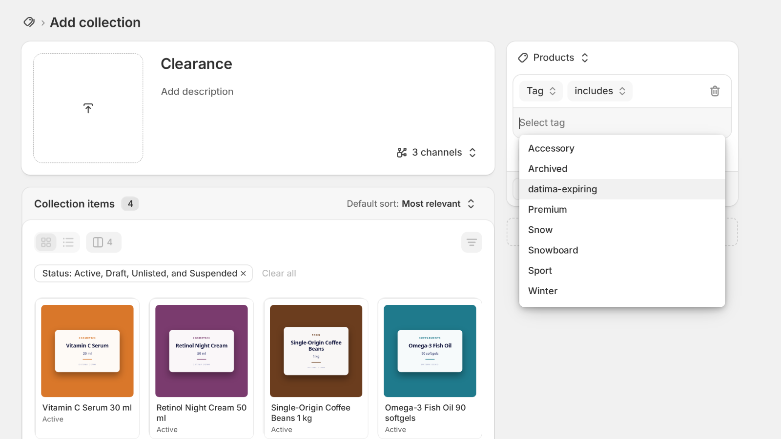 Shopify's Add collection page: title Clearance, an automated collection with one condition, Tag includes datima-expiring, picked from the tag list.