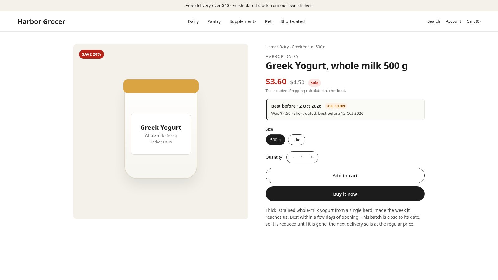A storefront product page while a markdown runs: the reduced price with the regular price struck through, and the Best before block saying: Best before 12 Oct 2026, use soon; Was $4.50, short-dated, best before 12 Oct 2026.