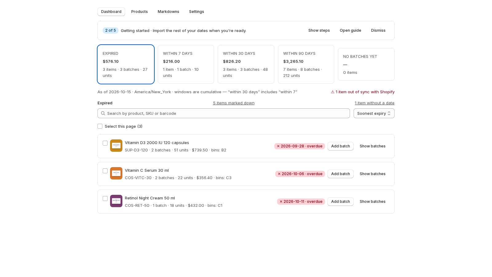 The dashboard with its five cards and, beside the product list heading, the line 1 item without a date.