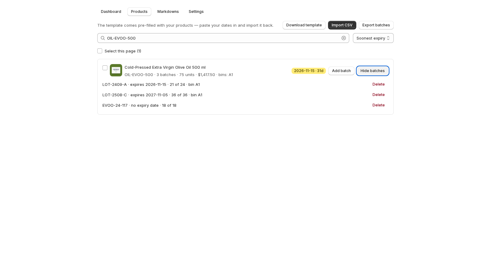 A product row in the list with Show batches open: two batches with expiry dates and one reading no expiry date.