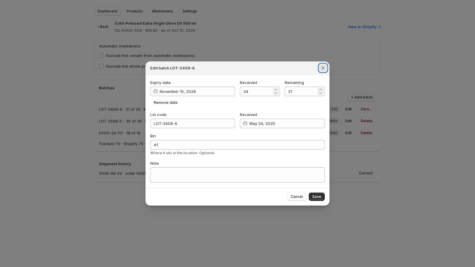 The Edit batch dialog for a dated batch, with a Remove date button under the expiry date field.
