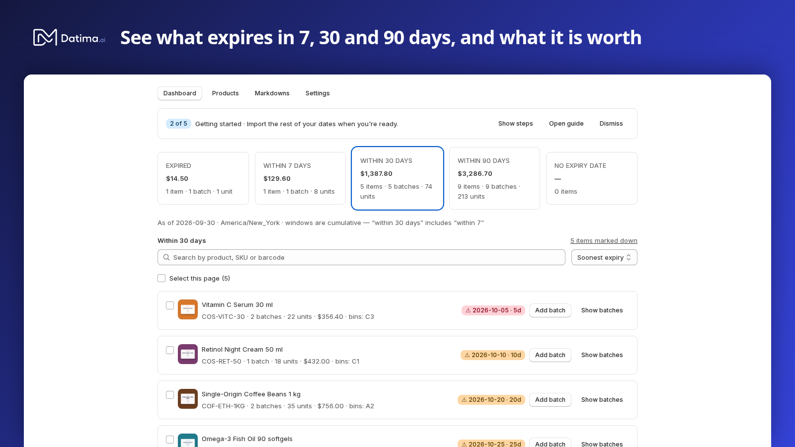 The Datima dashboard: five cards for expired, within 7, 30 and 90 days and no expiry date, with item counts and values, above the product list.