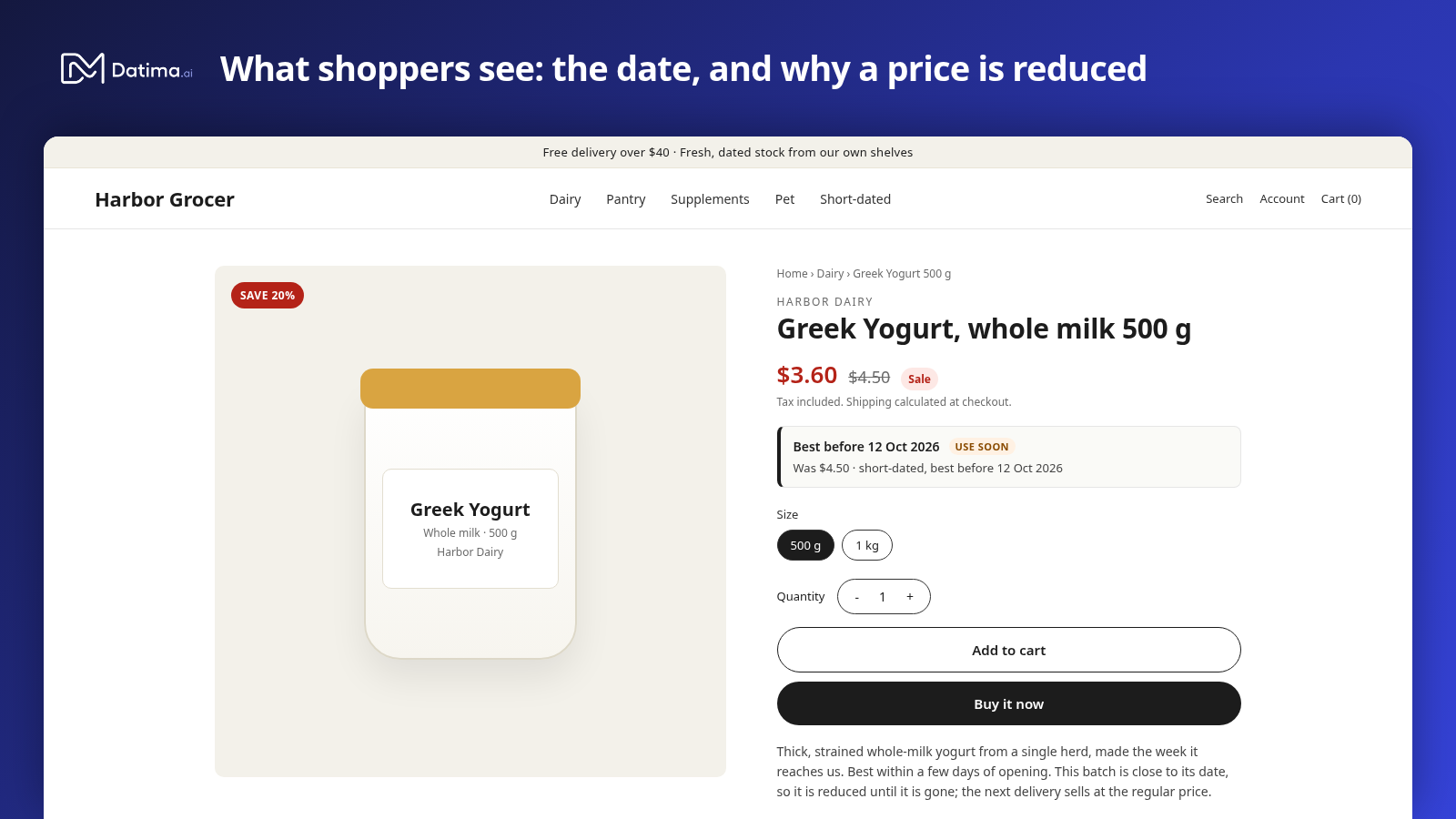A storefront product page on a sample theme: the price, and under it the Best before block saying Best before 12 Oct 2026, use soon.